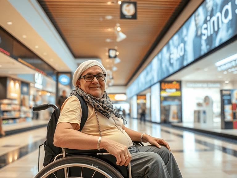 happy disabled tourist shopping at Dubai Mall